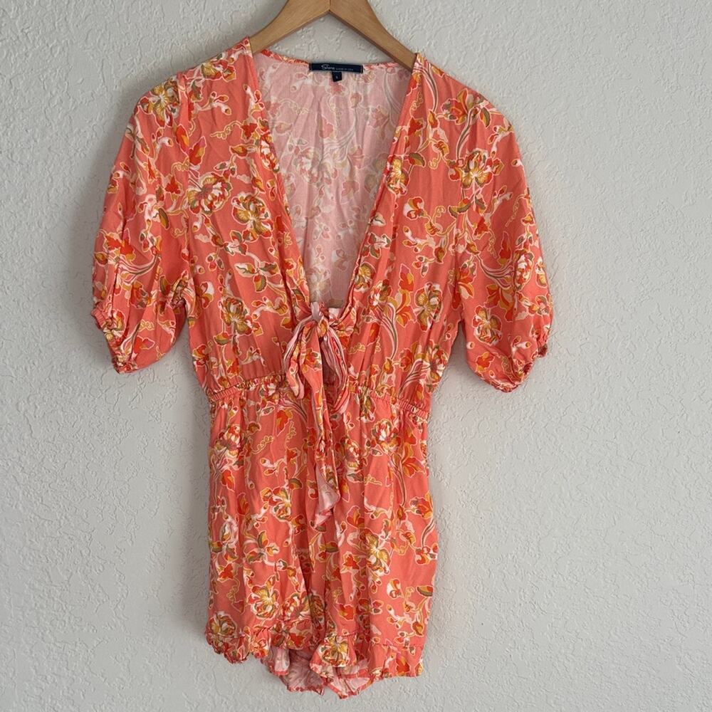 Shore Playsuit Romper Orange Floral Deep V Pockets Short Sleeve Vacation Cruise